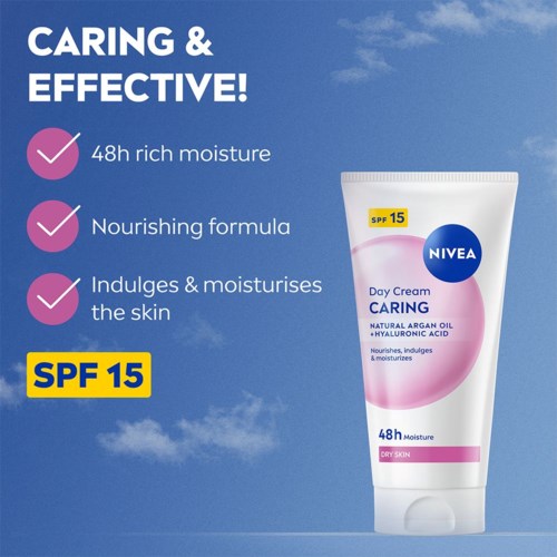 Nivea Päivävoide, SPF 15, ravitseva, kosteuttava ja sopii kuivaihoisille.