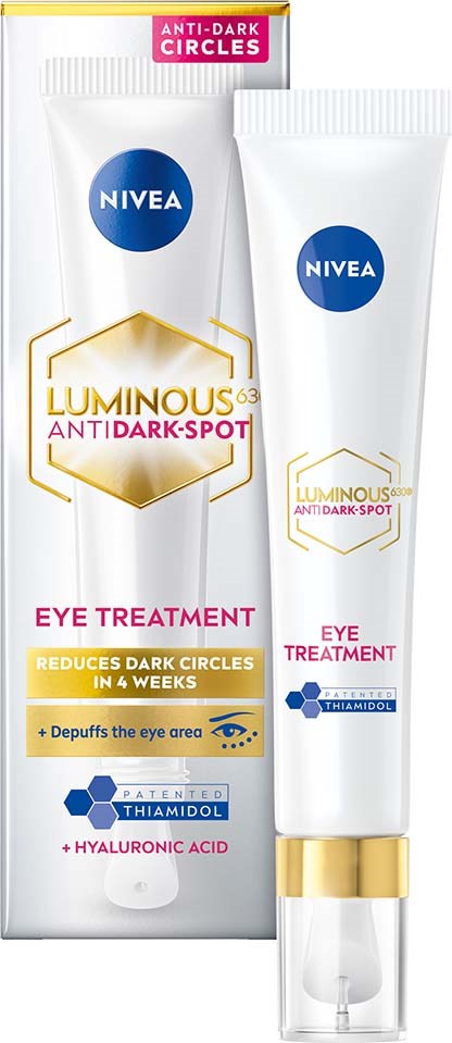 Nivea Augentreatment gegen dunkle Ringe mit Hyaluronsäure und Thiamidol, in Tube und Schachtel.