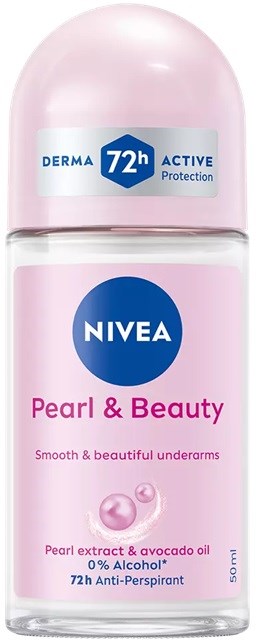 A pink roll-on deodorant with Nivea Pearl & Beauty label, offers 72 hours of protection and contains pearl extract and avocado oil.
