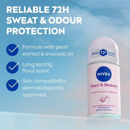 Nivea Pearl & Beauty deodorant promises long-lasting freshness, gentle on skin, with pearl extract and avocado oil.