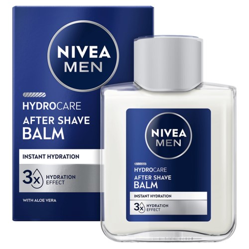Een doos en fles Nivea Men Hydrocare After Shave Balm voor directe hydratatie met aloë vera.