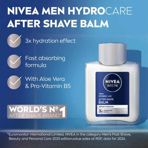 Nivea Men Hydro Care After Shave Balm bevordert hydratatie, wordt snel opgenomen en bevat Aloe Vera en Pro-Vitamine B5.