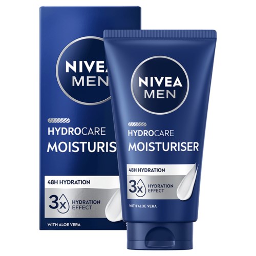 Tube en doos met Nivea Men HydroCare Moisturizer voor 48 uur hydratatie met aloë vera.