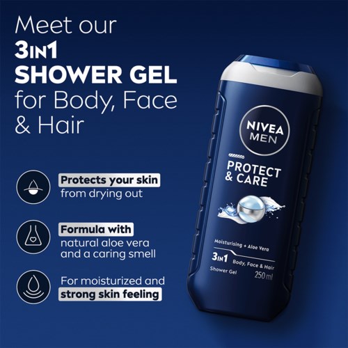 Nivea Men douchegel voor lichaam, gezicht en haar, met aloë vera en hydraterende eigenschappen, beschermt de huid tegen uitdrogen.
