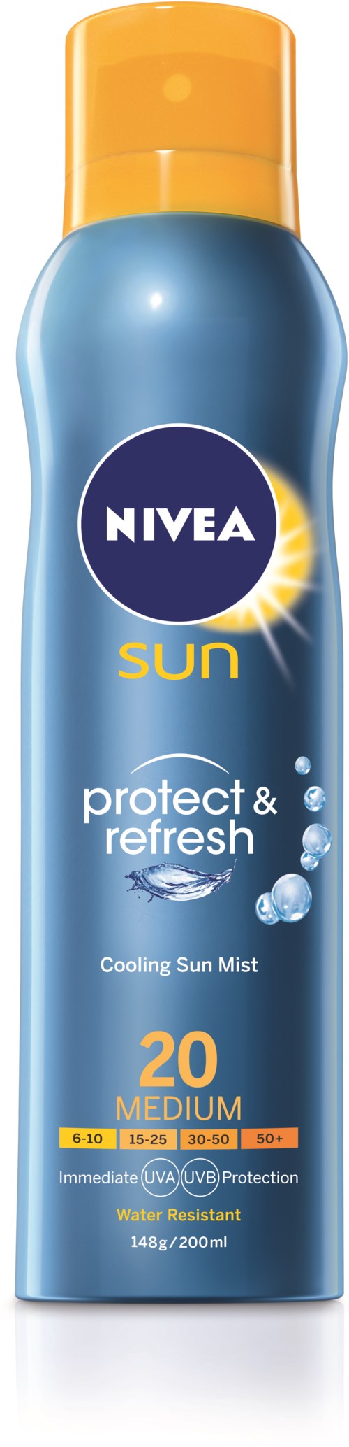 Blå sprayflaska med gul topp, märkt Nivea Sun, för medelhög solskydd, 200 ml.