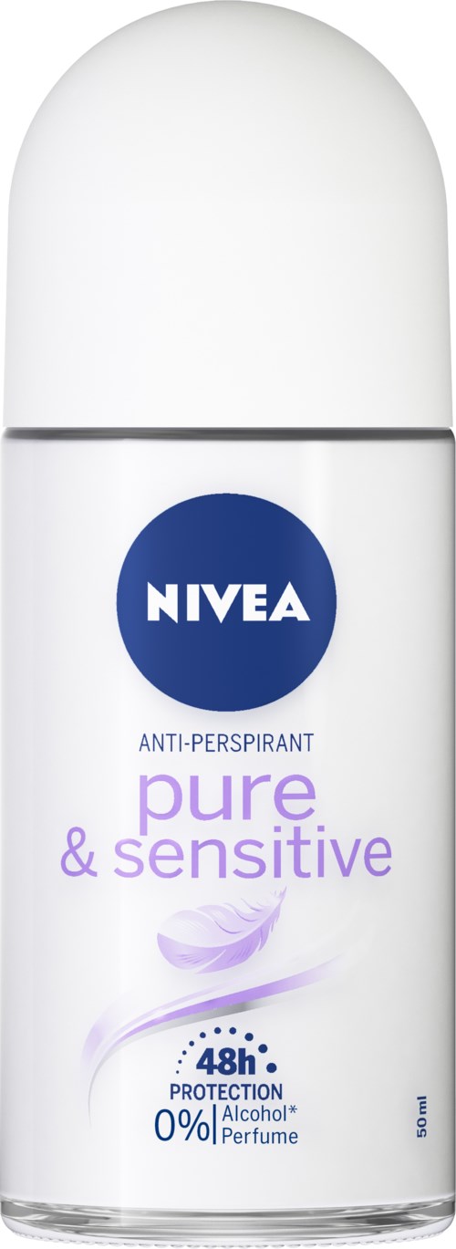 Valkoinen roll-on-huuhde, sininen Nivea-logo, lupaa 48 tunnin suojan, alkoholiton, hajusteeton, herkkä iho.