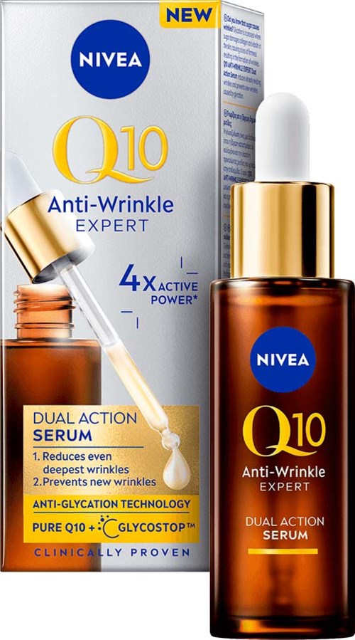 Fles en doos van Nivea Q10 Anti-Wrinkle Expert serum met pipet, bevordert anti-rimpelvoordelen.