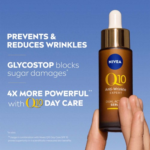 Nivea Q10 serum helpt rimpels te voorkomen, te verminderen, blokkeert suikerschade en is vier keer krachtiger bij dagelijks gebruik.