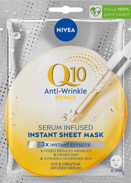 Anti-wrinkle sheet mask met serum, gele en witte verpakking, bevat Q10 en kreatine, pipet, 10 minuten gebruik.