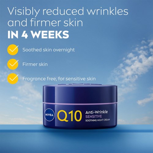 Nivea Q10 nachtcrème belooft rimpels te verminderen en de huid in 4 weken strakker te maken.