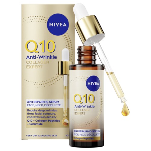 A skincare serum bottle with a dropper, labeled Q10 Anti-Wrinkle, against dry, sagging skin.
