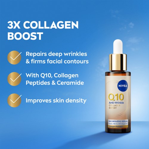 Advertisement for Nivea's Q10 Anti-Wrinkle serum, highlighting benefits like reducing wrinkles, firming skin, and improving skin density.