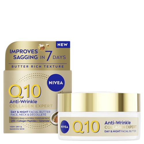 A Nivea Q10 anti-wrinkle face cream with gold container, promoting skin improvement in 7 days with butter-rich texture.