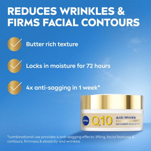This is a skincare product advertisement highlighting benefits like reducing wrinkles, moisturizing, and anti-sagging effects.