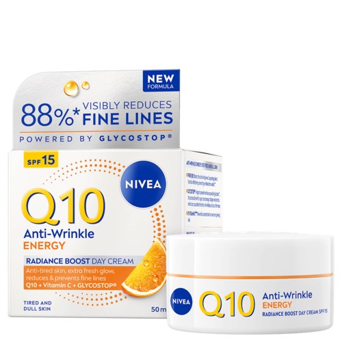 Nivea Q10 Anti-Rimpel Energy Dagcrème met SPF 15, sinaasappelsmaak, 50 ml, vermindert fijne lijntjes, geeft energie aan de huid.