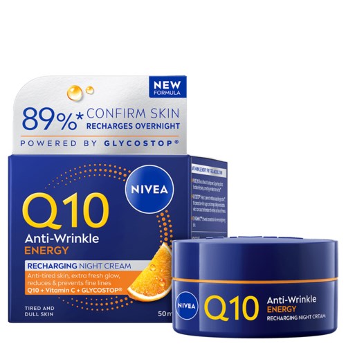 Nivea Q10 Anti-Wrinkle Energy krem na noc z aromatem pomarańczy, zmniejsza linie i odświeża zmęczoną skórę.