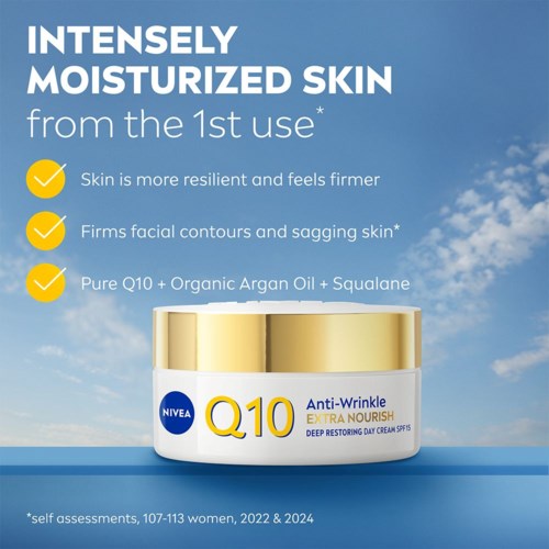 Nivea Q10 crème beweert de huid te hydrateren, rimpels te verminderen en de huidsterkte te verbeteren met natuurlijke ingrediënten.
