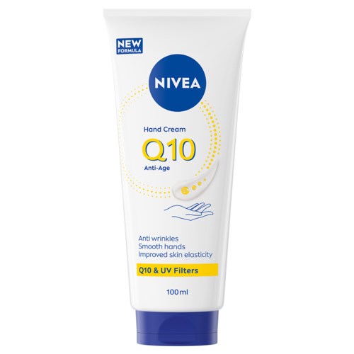 Vit tub med Nivea handkräm med gul och blå text, som visar anti-rynka och förbättrad hudelasticitet.