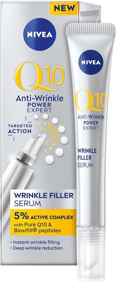 Nivea Q10 anti-rimpel serum met actieve ingrediënten, gericht op diepe rimpels, in witte tube en doos.