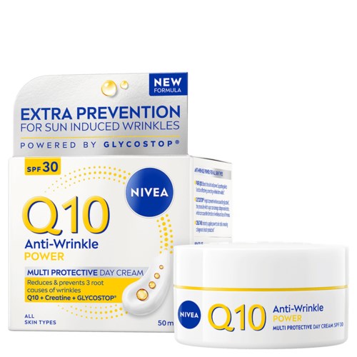 Een witte crèmeverpakking met een blauwe en gele label, die aangeeft dat het Q10 anti-rimpel gezichtscrème met SPF 30 is.