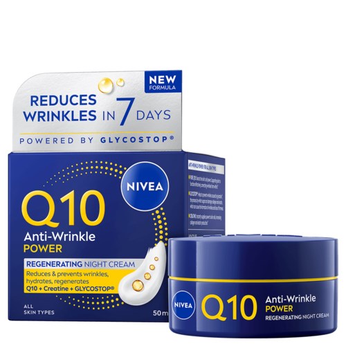 Nivea Q10 anti-rimpel krachtcrème voor nacht, in geel en blauw verpakking, beweert rimpels snel te verminderen.