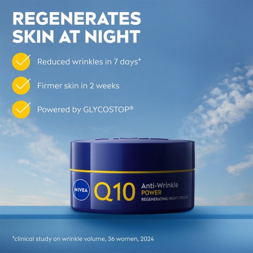 NIVEA Q10 nachtcrème beweert dat het rimpels vermindert, de huid binnen twee weken steviger maakt en is aangedreven door Glycostop.