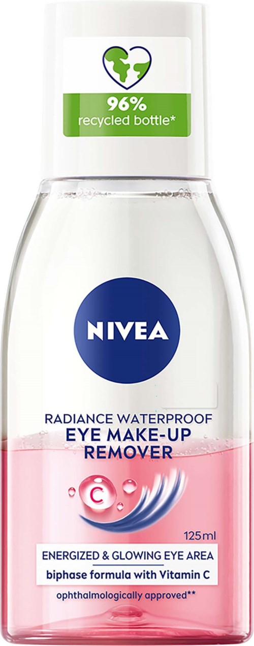 Nivea vattenfast ögonsminkborttagning flaska med vit kork och en grön etikett, pink vätska inuti.