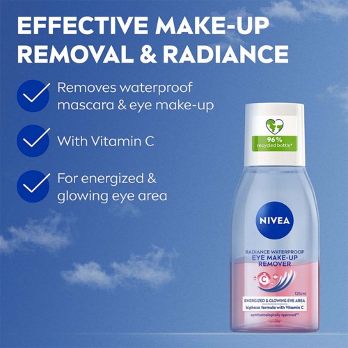 Nivea ögontvättborttagning på en blå himmelbakgrund.