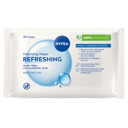 Pack of 25 refreshing cleansing wipes with aloe vera and hyaluronic acid for face, eyes, and lips. Suitable for sensitive skin.