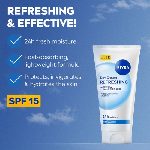 Nivea dagcrème met SPF 15 die verfrissend, hydraterend is en de huid beschermt.