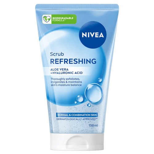 Sininen ja valkoinen Nivea Raikastava Kuorintavoide putkki, aloe veralla ja hyaluronihapolla, normaalille iholle. Täysin merkattu.
