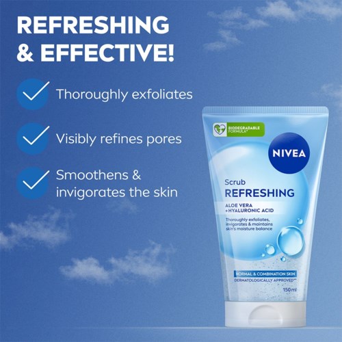 Nivea kuorii virkistävänä, tiivistää huokoset ja siloittaa ihoa aloe veralla ja hyaluronihapolla.