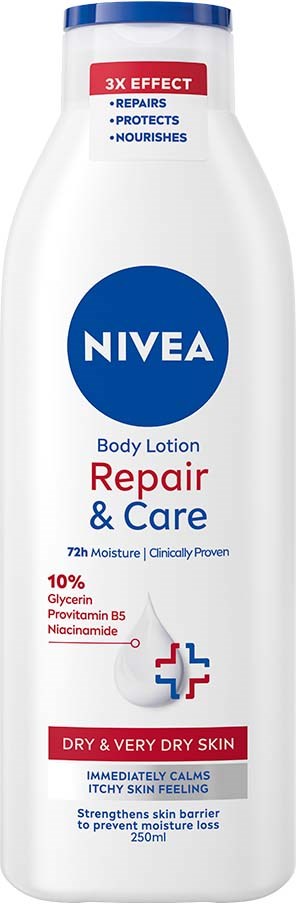 Nivea Repair & Care kroppslotion for veldig tørr hud, 250 ml, hjelper med fukt og hudbeskyttelse.