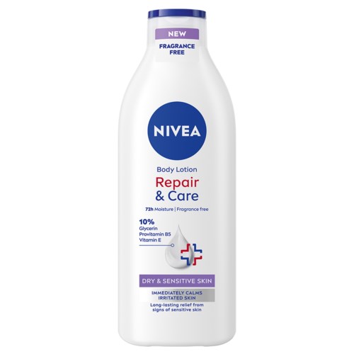 A white bottle of Nivea Repair & Care body lotion, fragrance-free, with a purple cap and blue label.