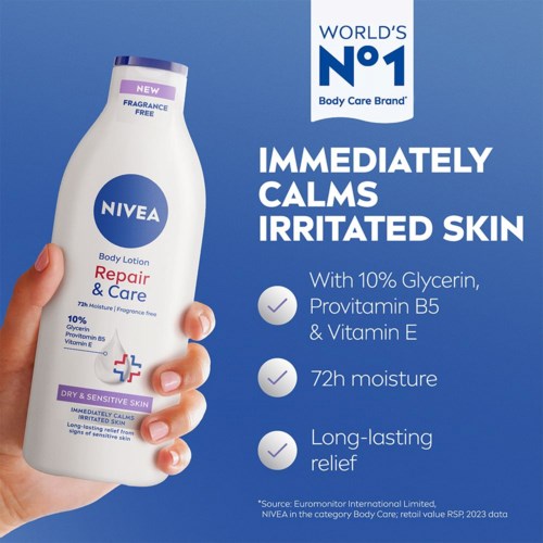 Nivea body lotion for dry, sensitive skin that calms and relieves irritation with moisture and vitamins.