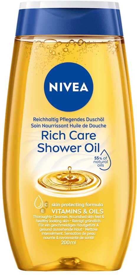 Gelbes Duschgel-Flasche mit blauer Oberseite und Nivea-Logo, beschriftet 'Rich Care Shower Oil'.