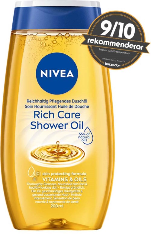 Gelbe Duschgel-Flasche mit blauer und weißer Etikette, NIVEA-Branding, und eine 9/10 Bewertung.