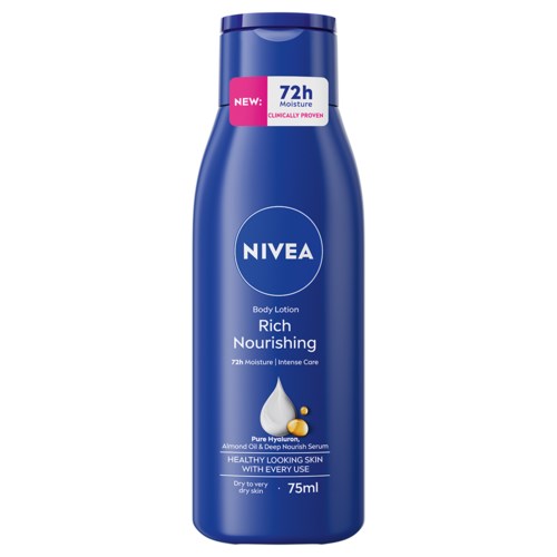 A blue bottle of Nivea Rich Nourishing Body Lotion with 72-hour moisture, suitable for very dry skin.