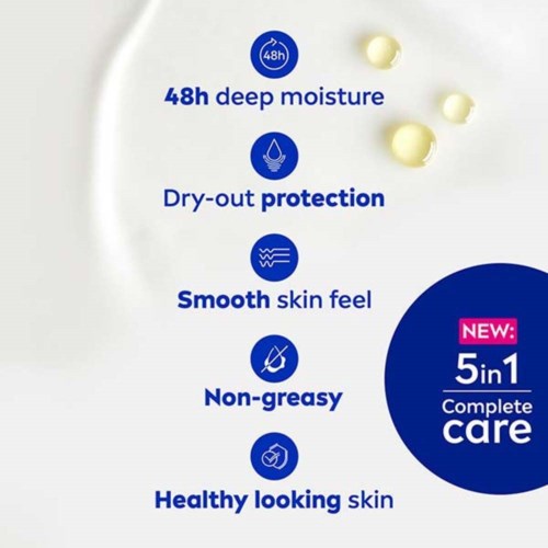 Text highlights benefits of a skincare product: 48h moisture, protection, smooth skin, non-greasy, healthy look. 5-in-1 care.