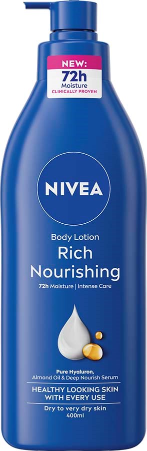 Blue body lotion bottle with a pump, labeled Nivea Rich Nourishing for dry skin, 400ml.