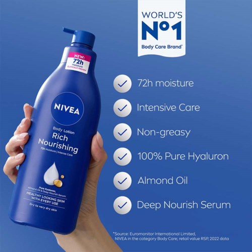 Nivea body lotion bottle with 72-hour moisture, almond oil, and deep nourish serum. Promotes healthy, non-greasy, rich skin.