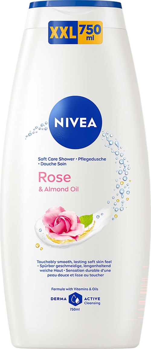 Iso Nivea Rose jamantau ja manteliöljyä suihkugeeli, 750 ml, valkoisella taustalla ja ruusukuva.