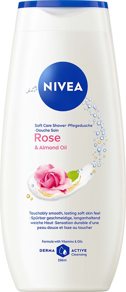 NIVEA Ruusu ja manteliöljy suihkugeeli pullo, jossa sininen kansi ja kuva ruususta sekä tuotetiedot useilla kielillä.