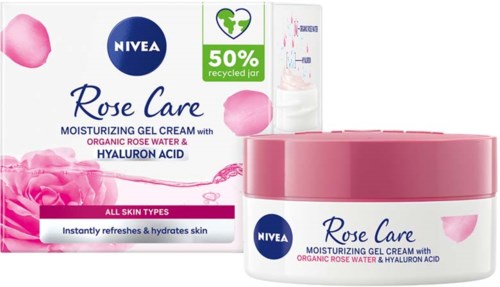 Nivea Rose Care hydraterende gelcrème met roze deksel, rozenblaadjes en informatie over gerecyclede doos en ingrediënten.