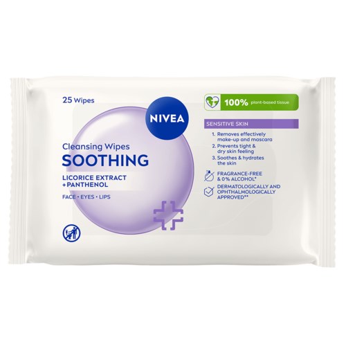 Cleansing wipes with licorice extract and panthenol, gentle for sensitive skin, 25 wipes in a pack.
