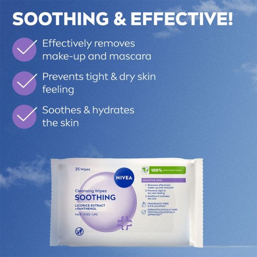 Text explains benefits of soothing wipes that remove makeup, prevent dry skin, and moisturize. Image shows a pack of Nivea wipes.