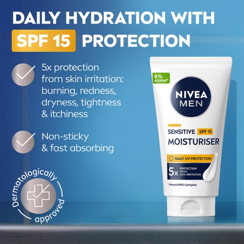 Nivea Men Sensitive -voiteen, joka tarjoaa SPF 15 suojan, korostaa kosteutusta, ihon suojaa ja nopeaa imeytymistä.
