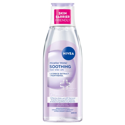 A clear bottle of Nivea micellar water labeled "Soothing" for face, eyes, and lips. It contains licorice extract and panthenol.