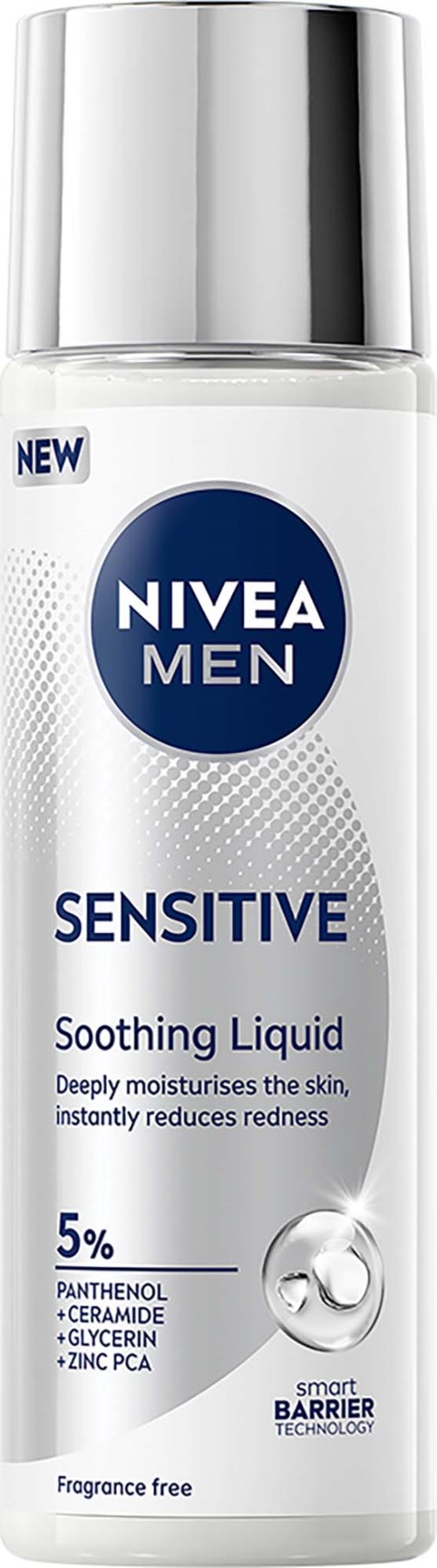 En Nivea Men Sensitive beroligende væskeflaske med sølvsjappe, viser produktdetaljer og ingredienser på etiketten.