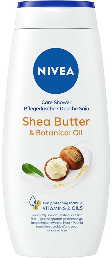 Een witte fles Nivea Care Shower met sheaboter en botanische olie, toont sheanoten en een groene blad.